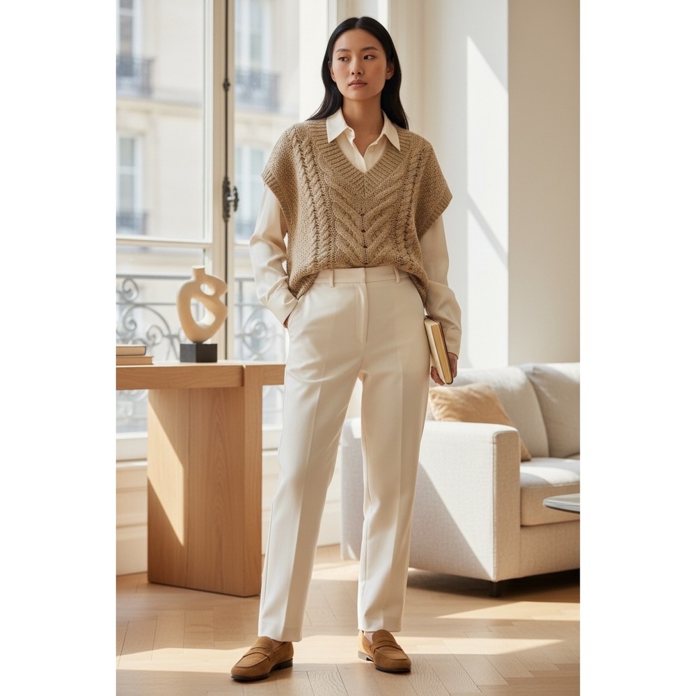 Habitual Cable Sweater Vest Medium Tan Alpaca Wool V-Neck Boxy Minimalist Luxury